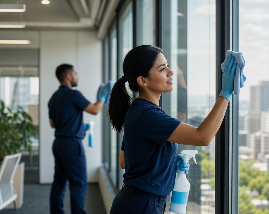 Professional cleaning team maintaining a modern facility